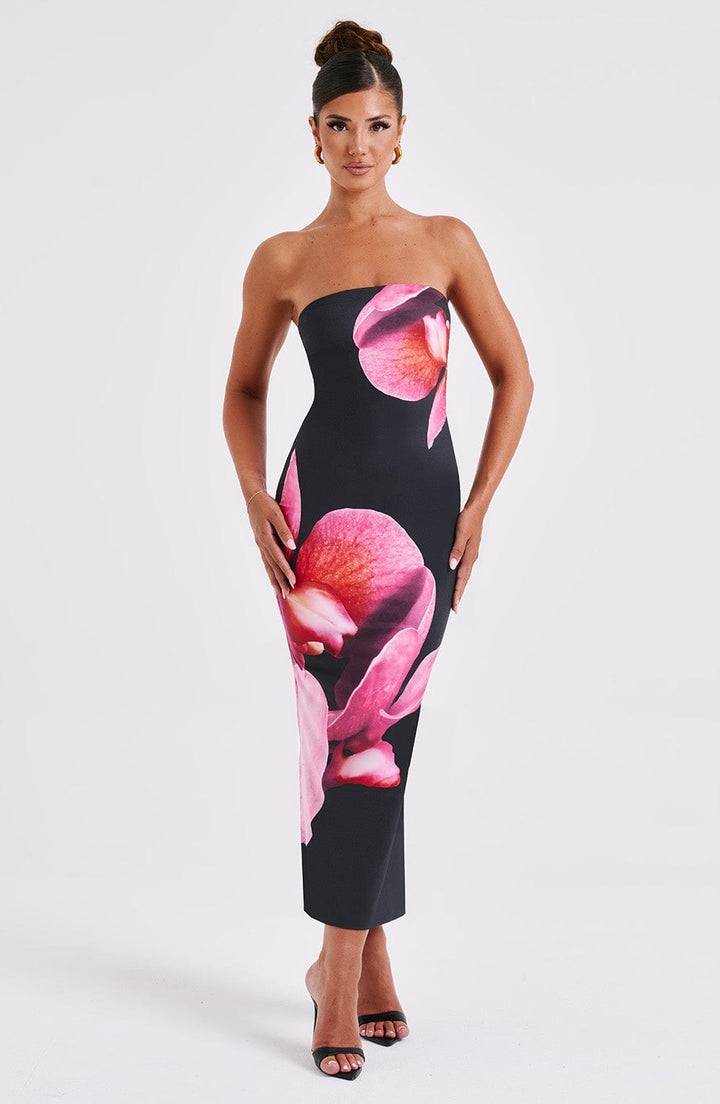 Askılı Straplez Floral Desenli Midi Elbise – Siyah