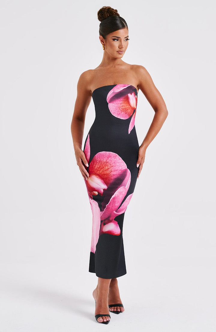 Askılı Straplez Floral Desenli Midi Elbise – Siyah