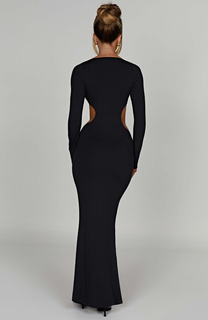 Uzun Kollu Cut-Out Vücut Çizen Maxi Elbise – Siyah