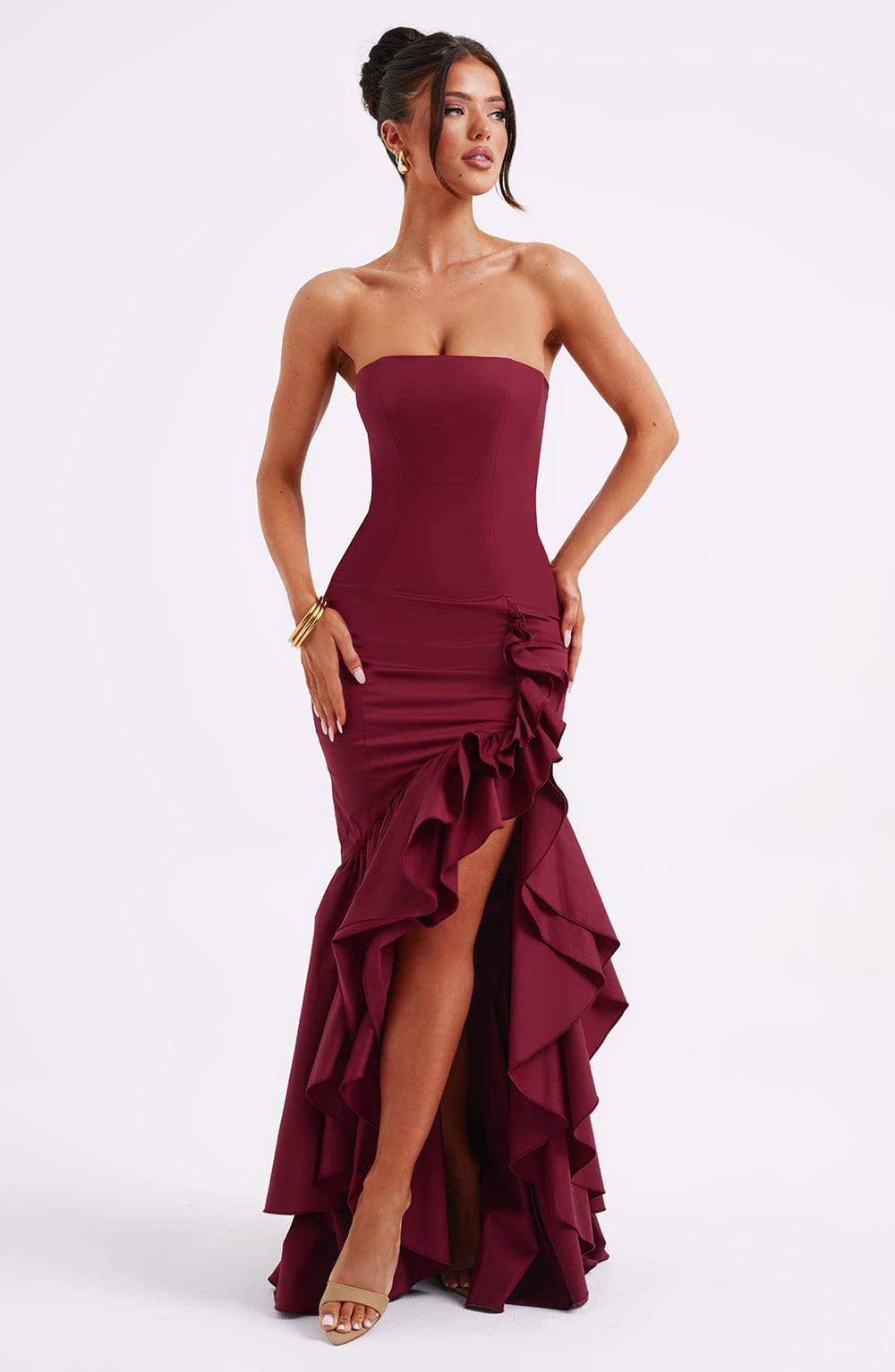 Straplez Volanlı Balık Abiye Elbise – Bordo