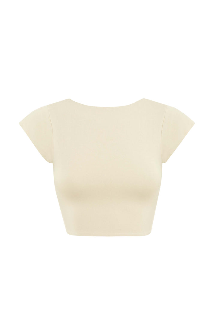 Kısa Kollu Slim Fit Crop Top – Krem