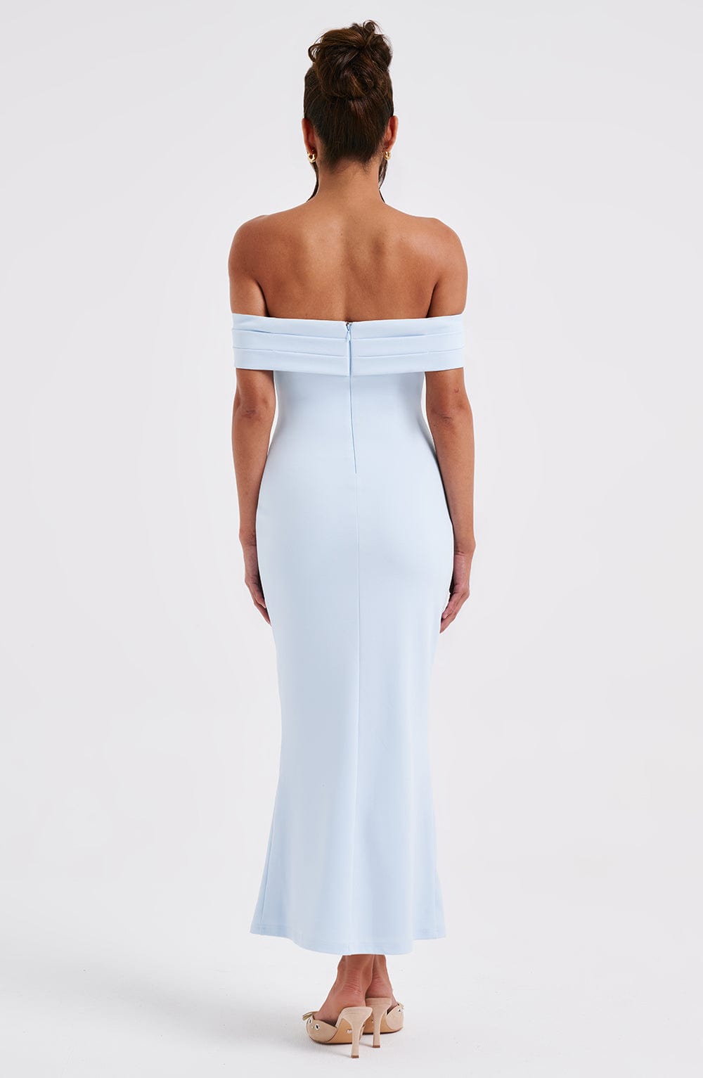 Drape Off-Shoulder Uzun Elbise – Bebe Mavisi