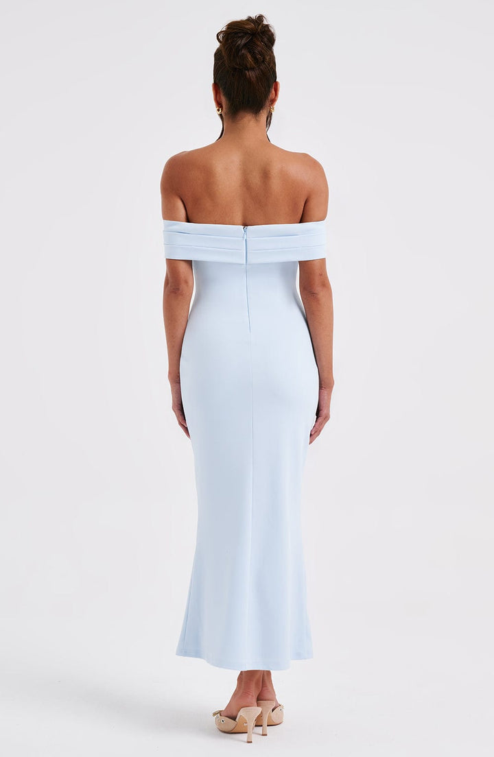 Drape Off-Shoulder Uzun Elbise – Bebe Mavisi