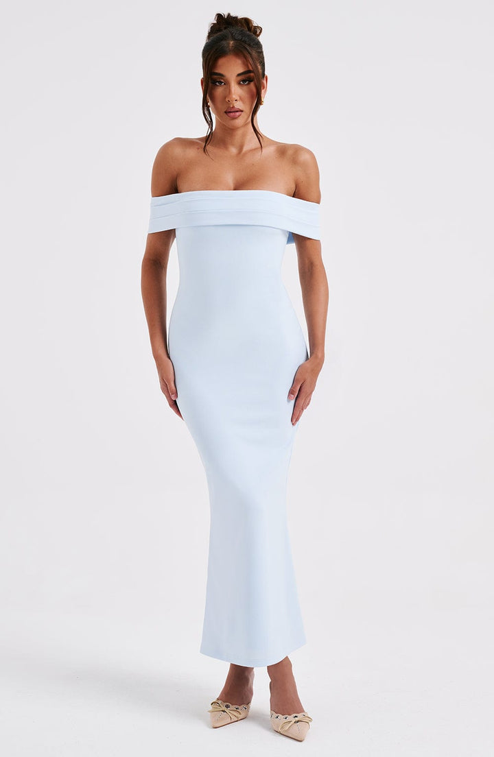 Drape Off-Shoulder Uzun Elbise – Bebe Mavisi