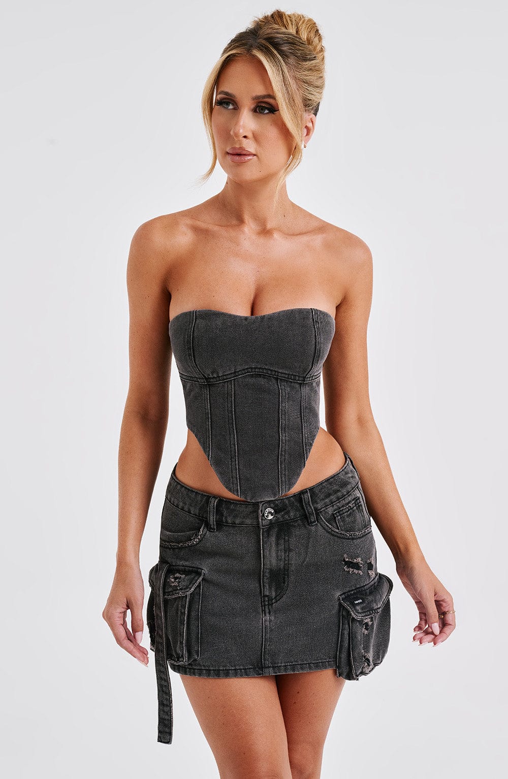Kargo Cepli Mini Denim Etek – Siyah