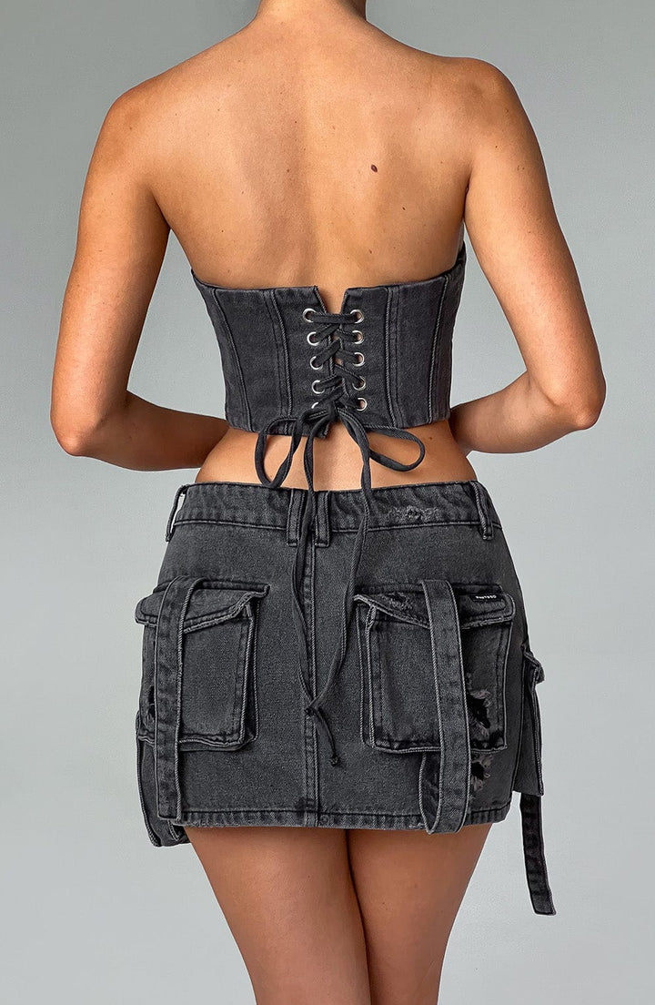 Kargo Cepli Mini Denim Etek – Siyah