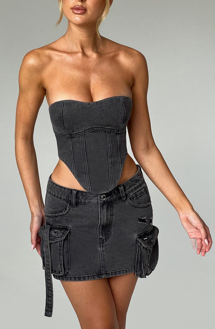 Kargo Cepli Mini Denim Etek – Siyah