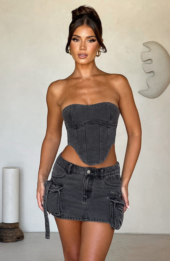 Kargo Cepli Mini Denim Etek – Siyah