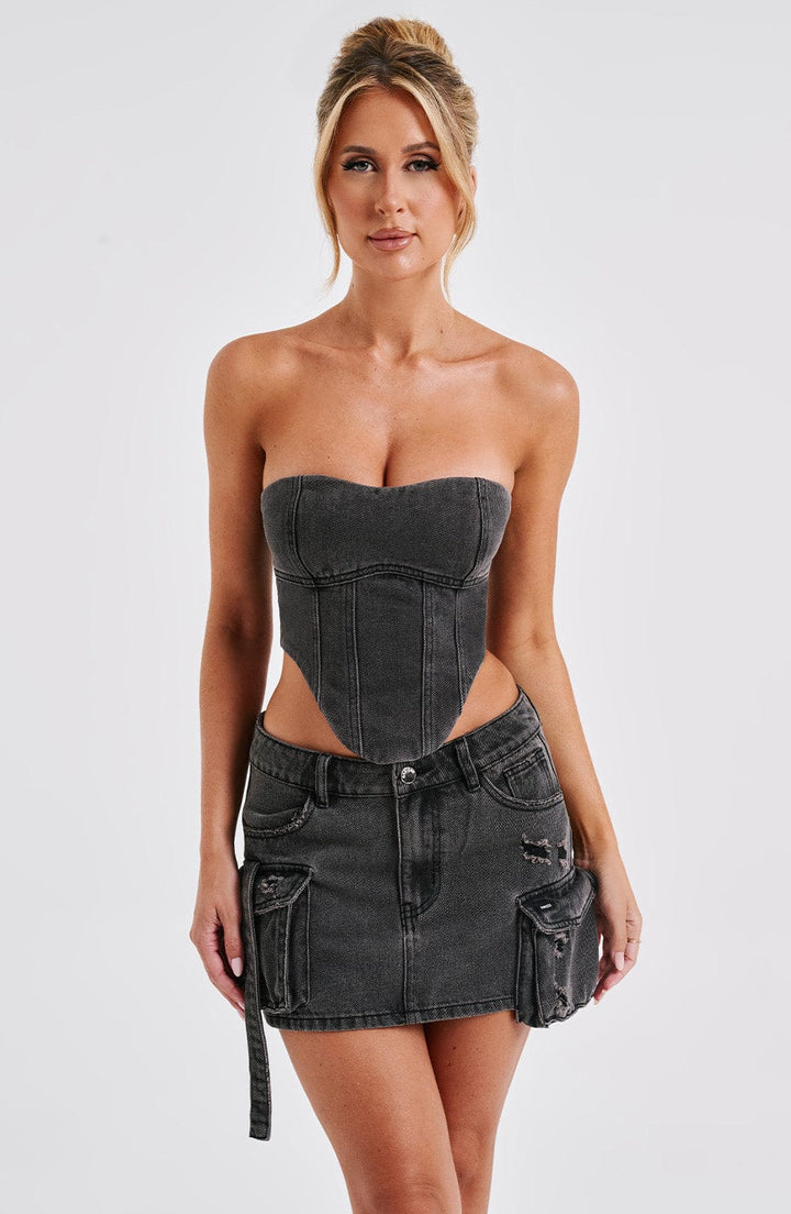 Kargo Cepli Mini Denim Etek – Siyah
