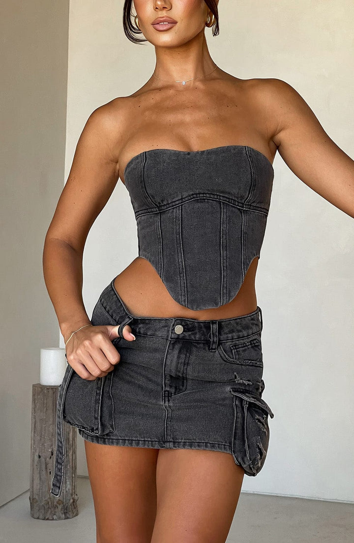Kargo Cepli Mini Denim Etek – Siyah