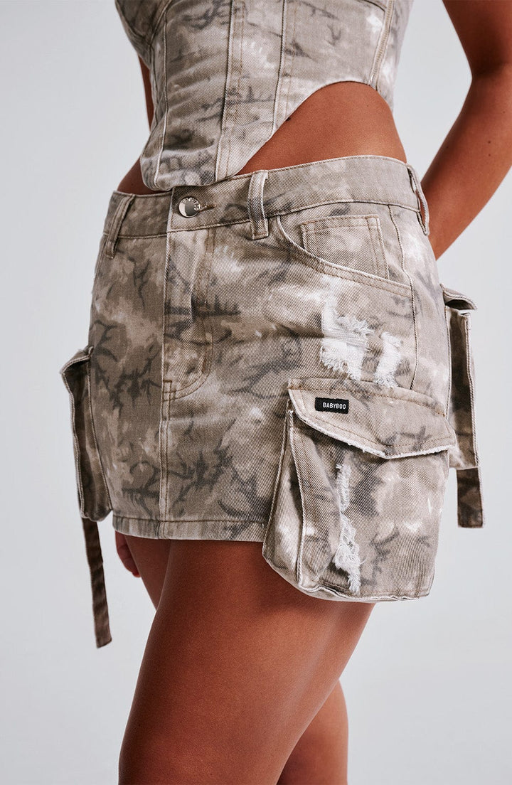 Denim Cep Detaylı Mini Kargo Etek – Gri Batik