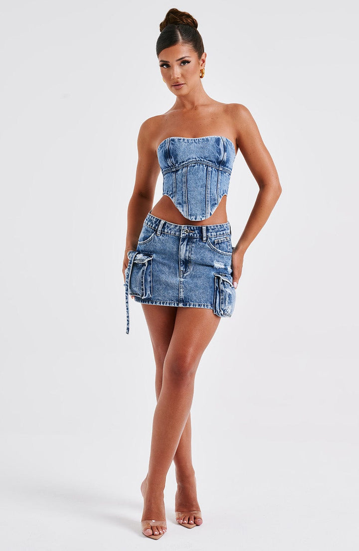 Denim Cep Detaylı Mini Etek – Mavi