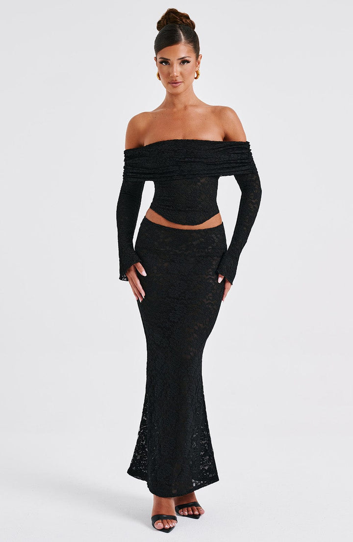 Dantel Off-Shoulder Drapeli Uzun Kollu Bluz – Siyah