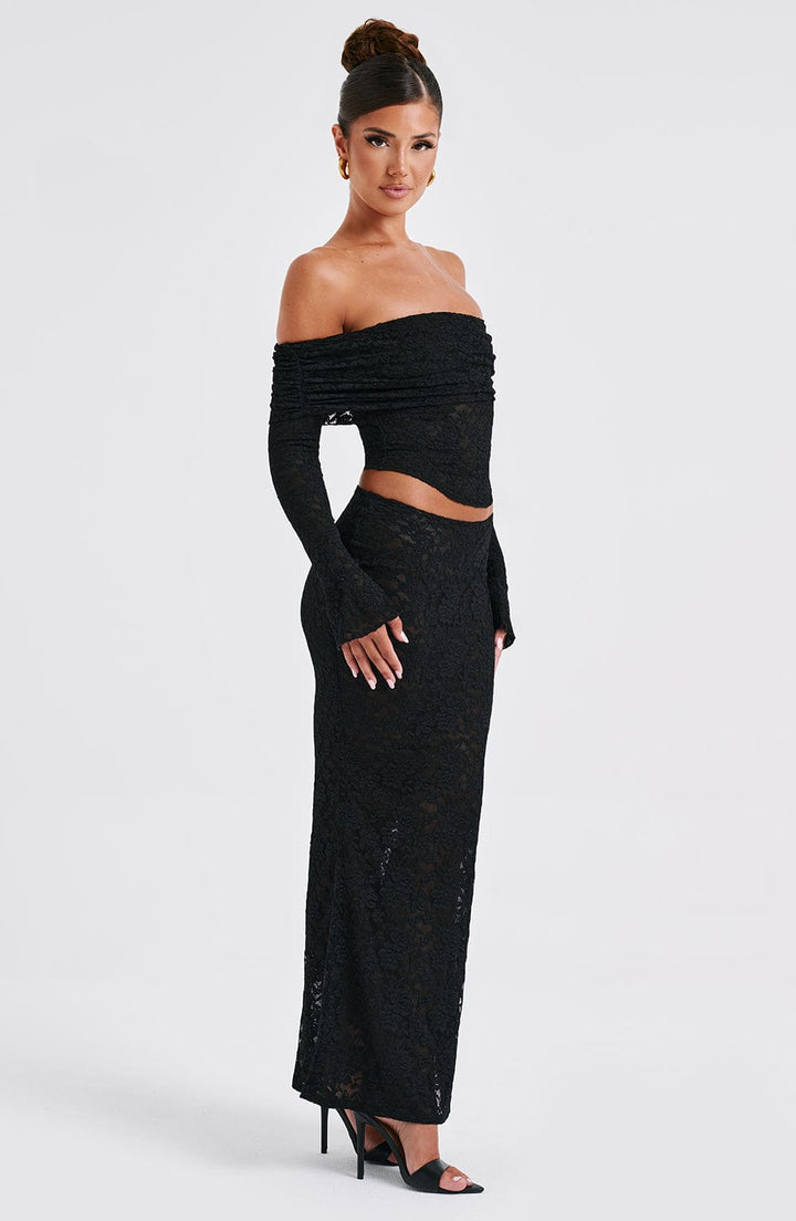 Dantel Off-Shoulder Drapeli Uzun Kollu Bluz – Siyah