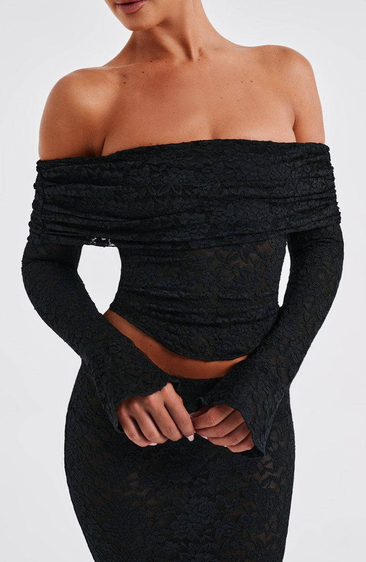 Dantel Off-Shoulder Drapeli Uzun Kollu Bluz – Siyah