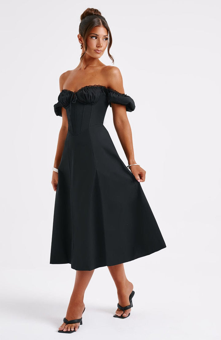 Drape Detaylı Korsajlı Yırtmaçlı Midi Elbise – Siyah