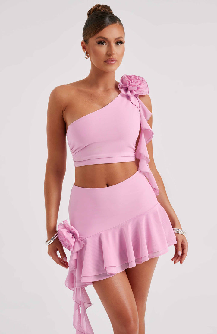 Asimetrik Volanlı Mini Etek Set – Pembe