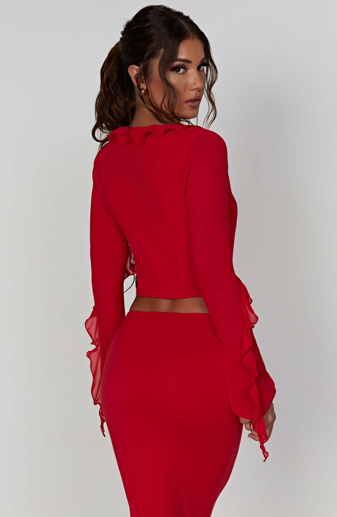 Fırfırlı Bağcıklı Uzun Kollu Crop Bluz – Kırmızı