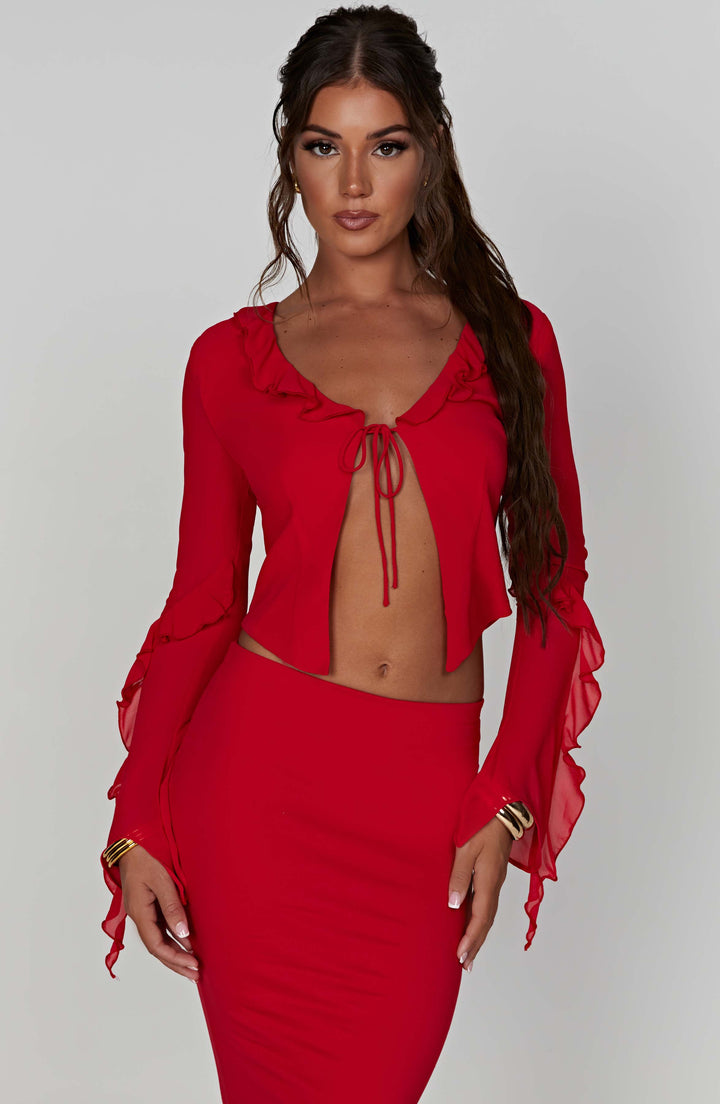 Fırfırlı Bağcıklı Uzun Kollu Crop Bluz – Kırmızı