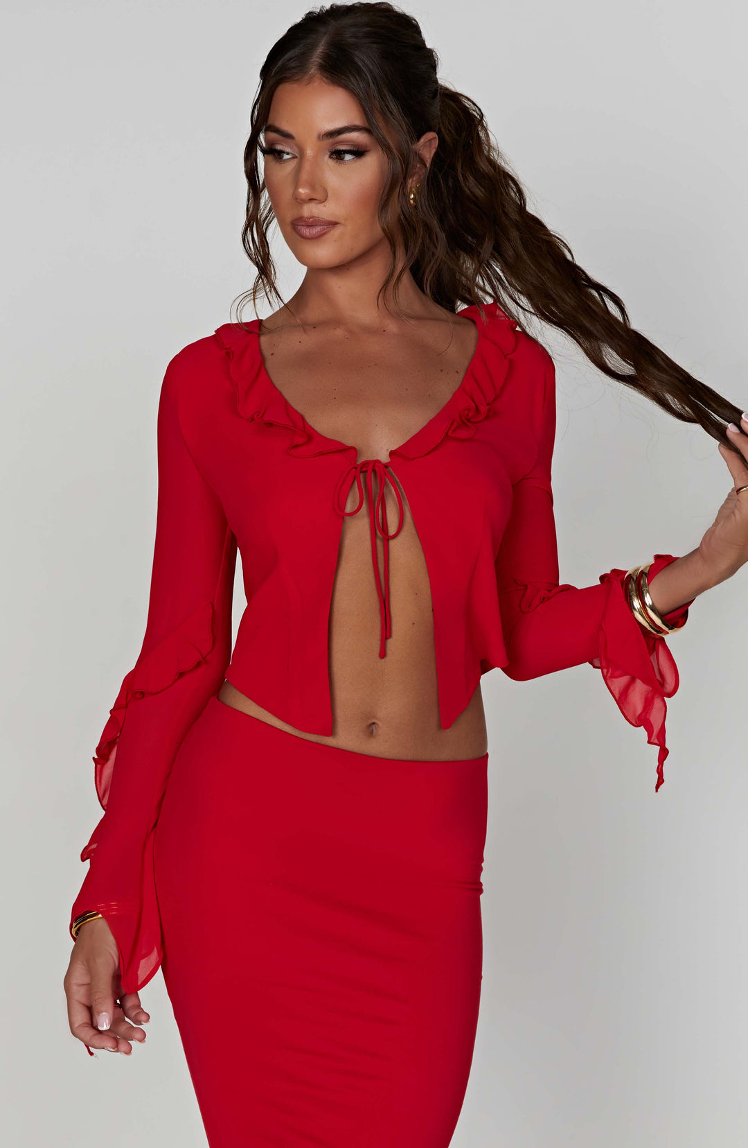 Fırfırlı Bağcıklı Uzun Kollu Crop Bluz – Kırmızı