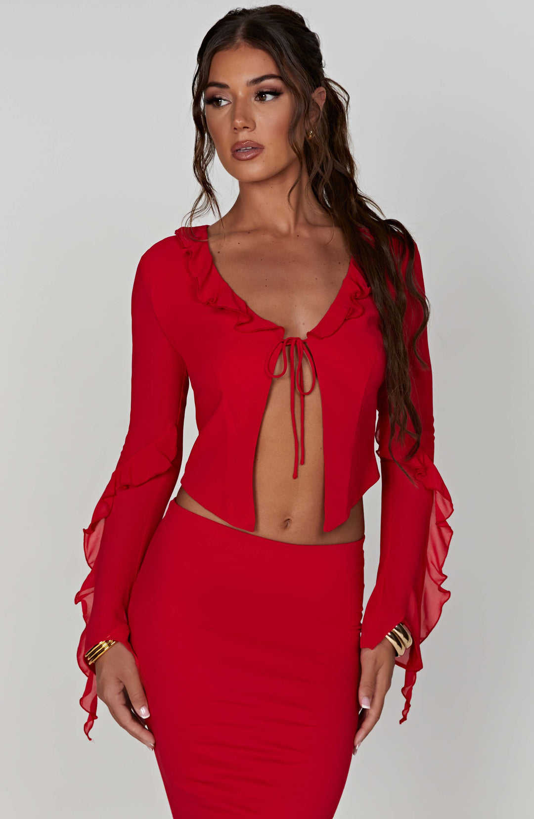 Fırfırlı Bağcıklı Uzun Kollu Crop Bluz – Kırmızı