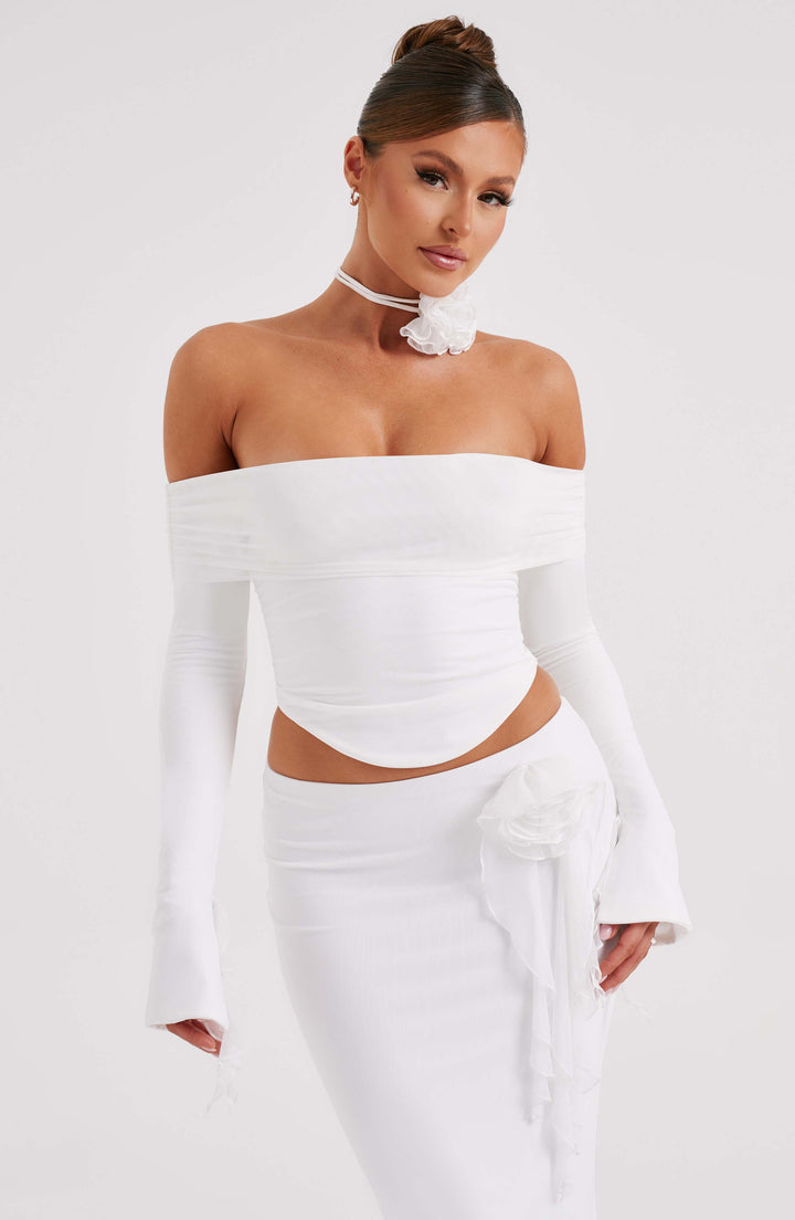 Düşük Omuzlu Uzun Kollu Body – Beyaz