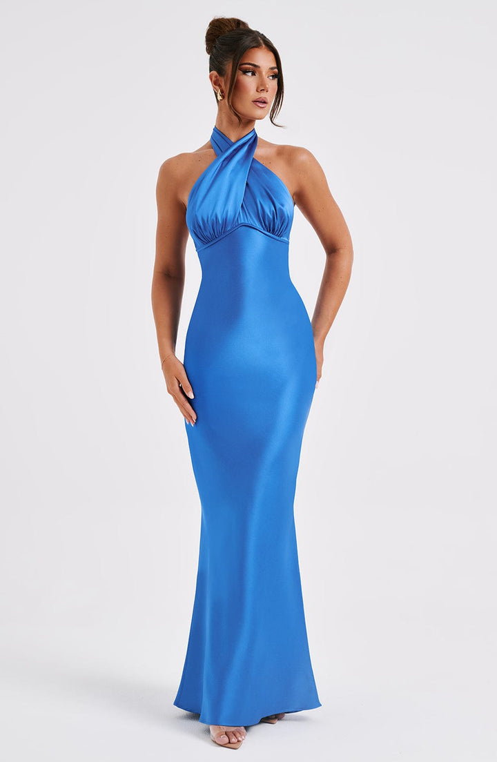 Balık Kesim Saten Halter Yaka Abiye Elbise – Saks