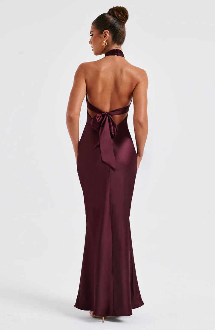 Halter Yaka Saten Balık Kesim Abiye Elbise – Bordo
