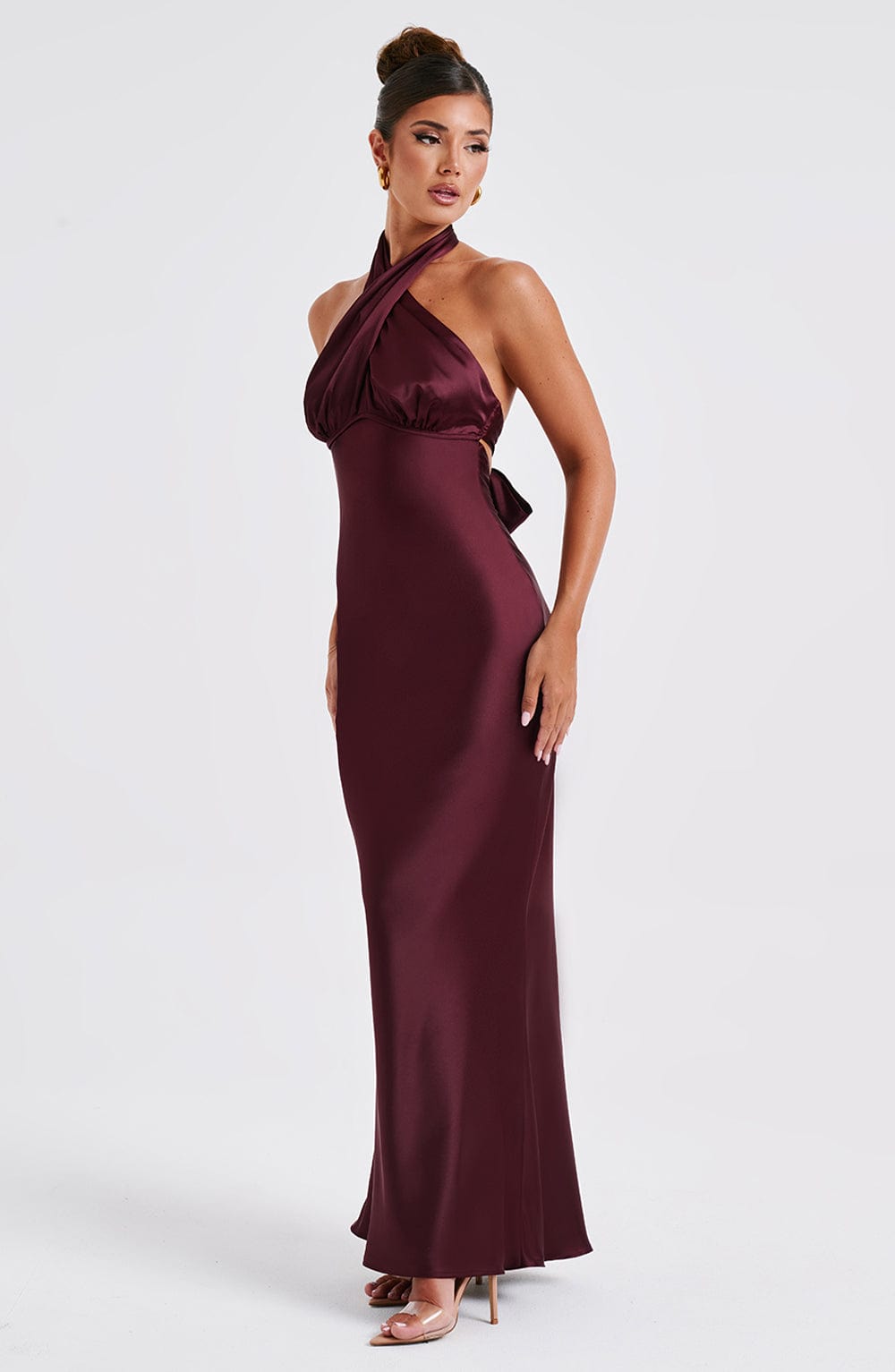 Halter Yaka Saten Balık Kesim Abiye Elbise – Bordo