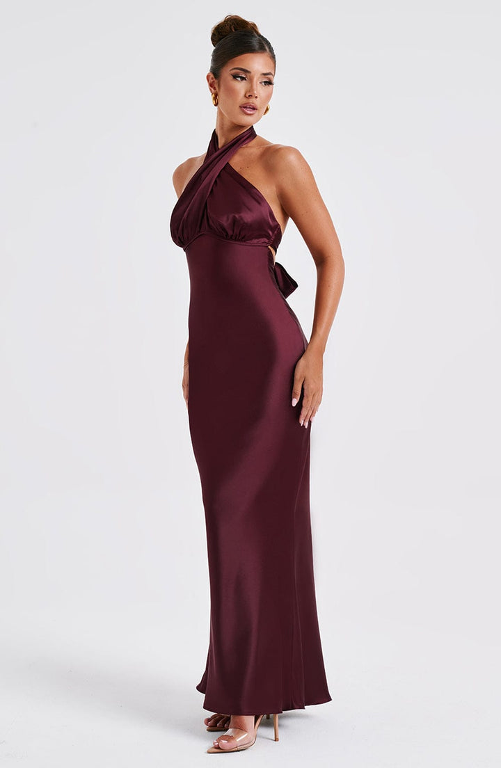 Halter Yaka Saten Balık Kesim Abiye Elbise – Bordo