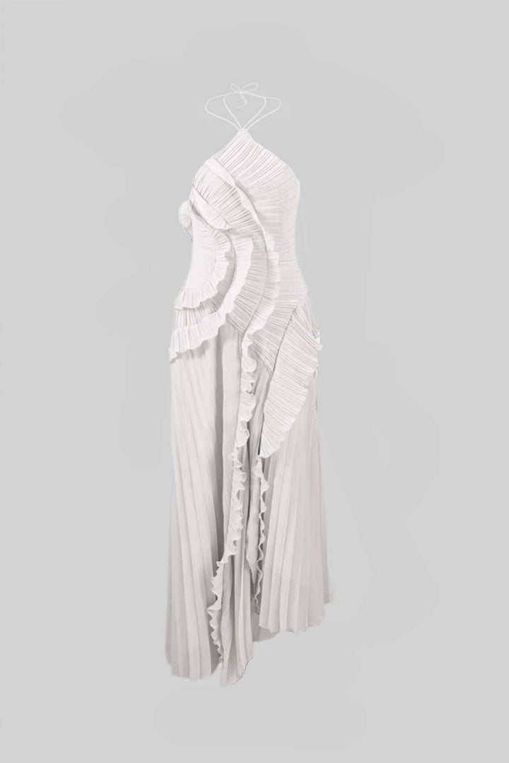 Fırfır Detaylı Pileli Halter Midi Elbise
