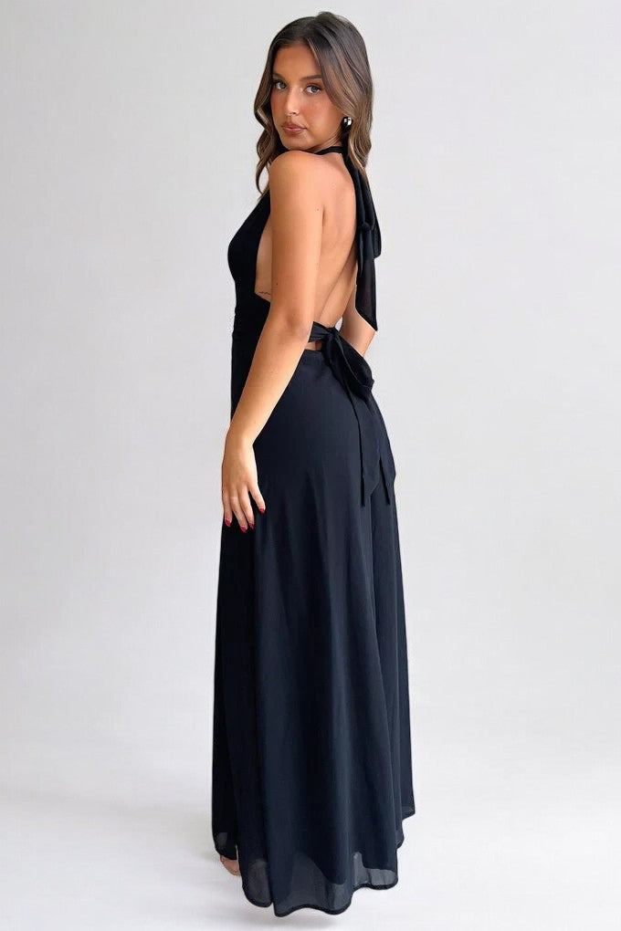 Halter Yaka Yırtmaçlı Uzun Elbise – Beyaz