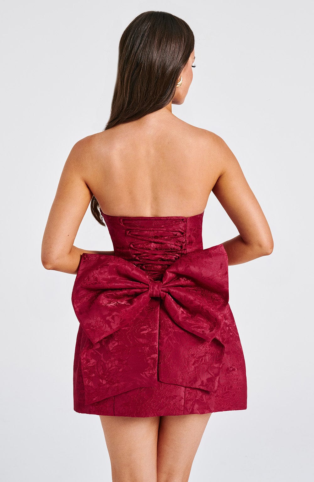 Straplez Jakarlı Mini Elbise – Bordo