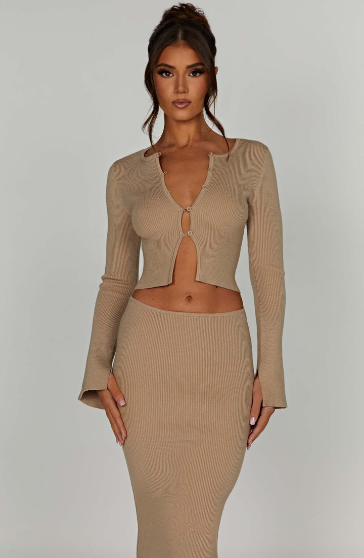 Düğmeli Crop Fitilli Triko Hırka – Bej