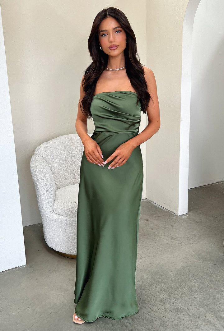 Saten Drapeli Straplez Maxi Elbise – Haki
