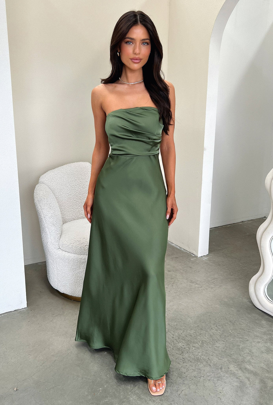 Saten Drapeli Straplez Maxi Elbise – Haki