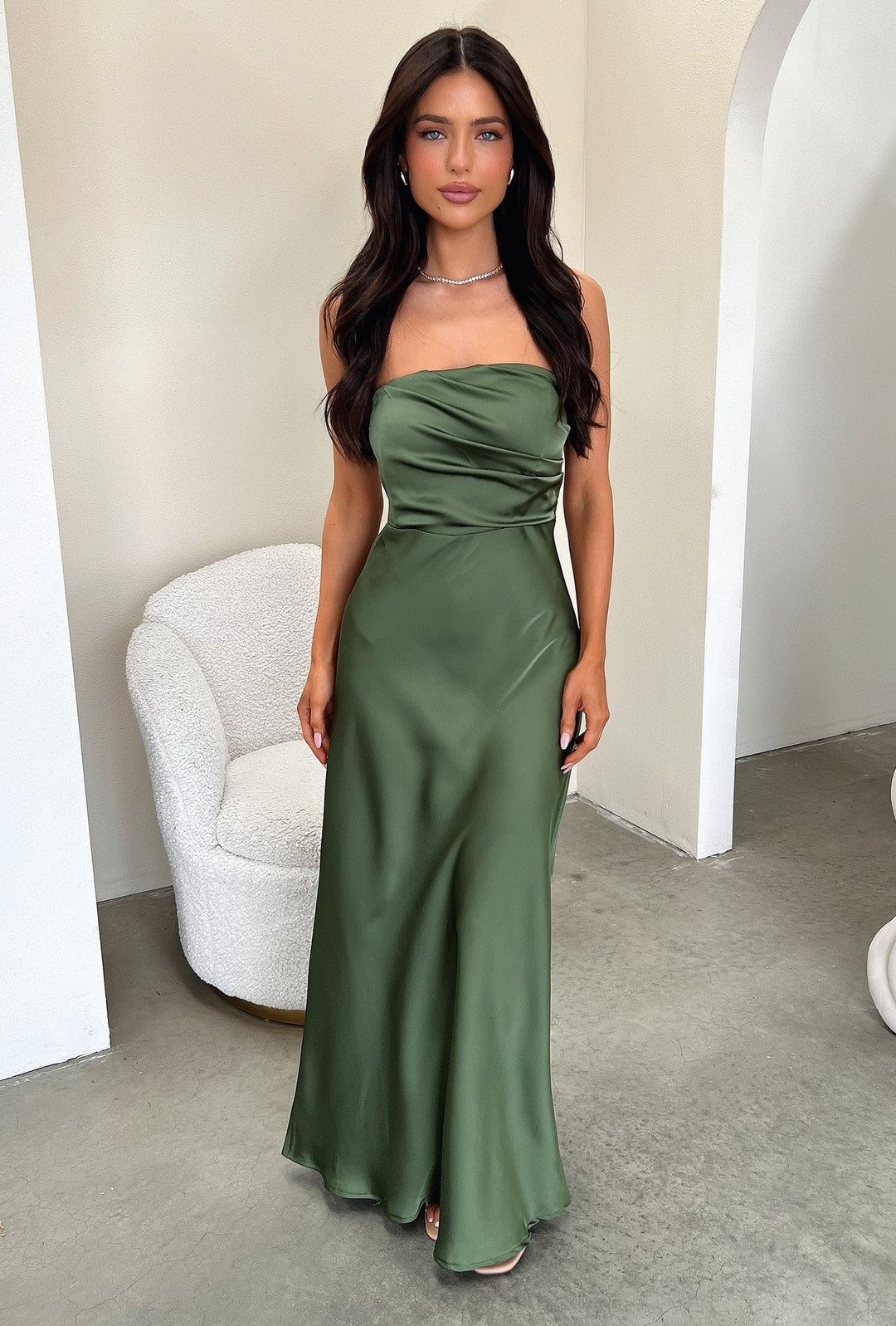 Saten Drapeli Straplez Maxi Elbise – Haki