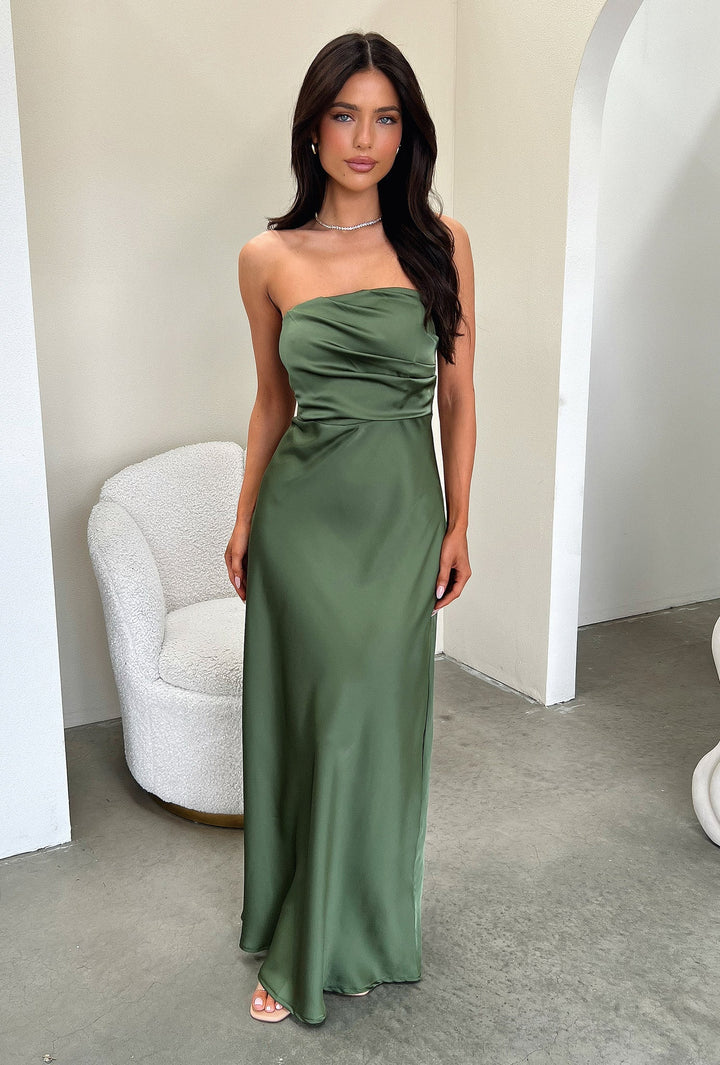 Saten Drapeli Straplez Maxi Elbise – Haki