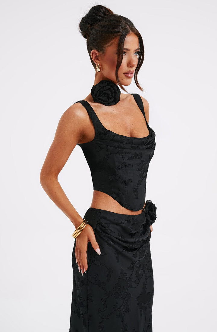 Korse Detaylı Çiçek Desenli Crop Top – Siyah