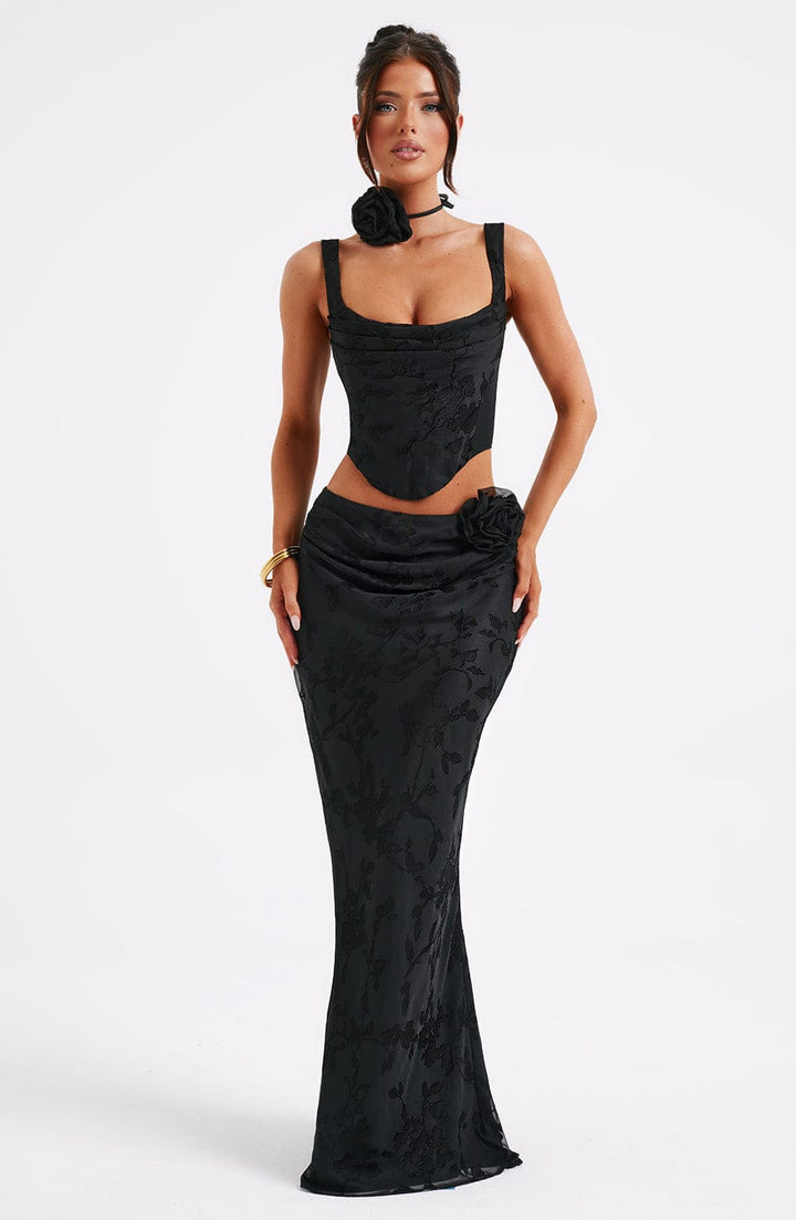 Korse Detaylı Çiçek Desenli Crop Top – Siyah