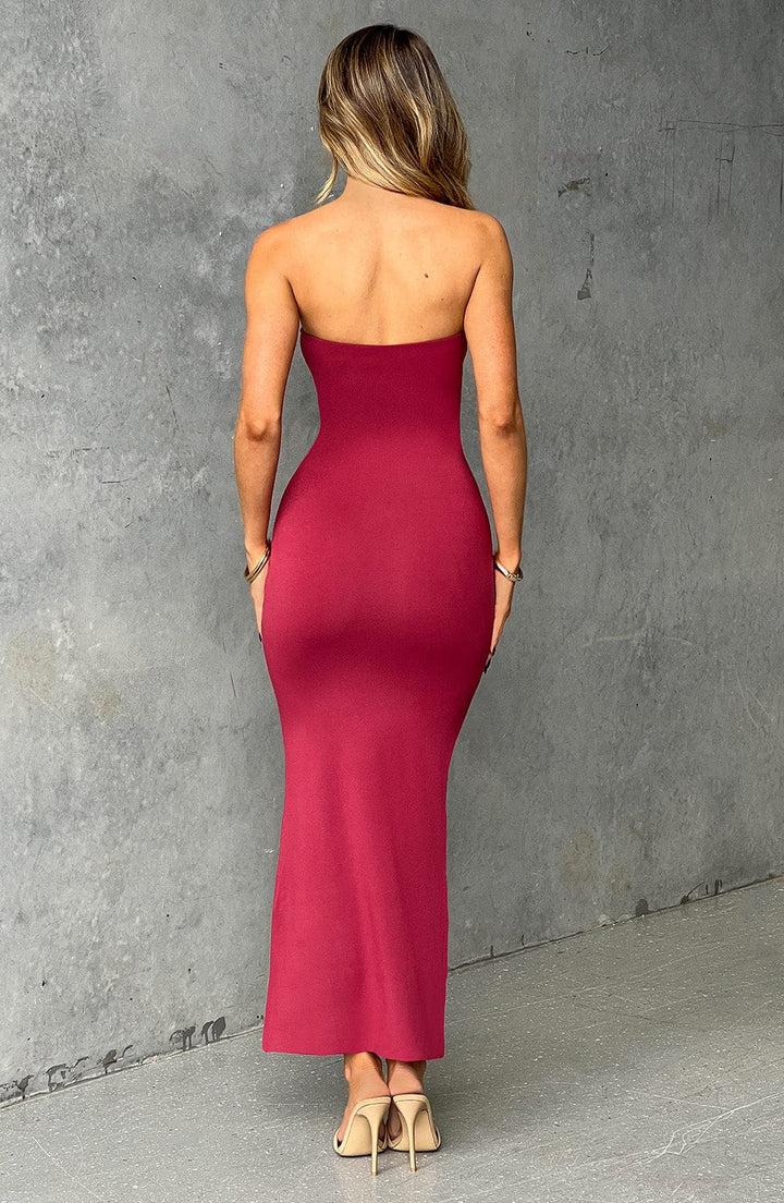 Straplez Vücut Çizen Maxi Elbise – Bordo