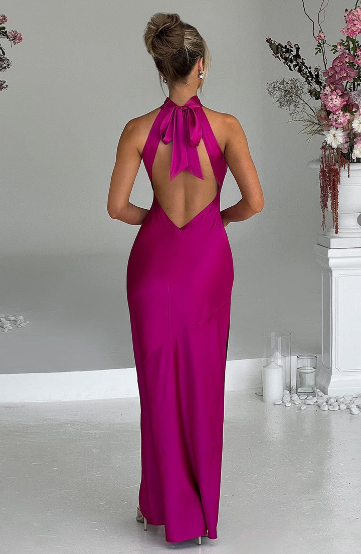 Saten Halter Yaka Yırtmaçlı Uzun Abiye Elbise – Fuşya