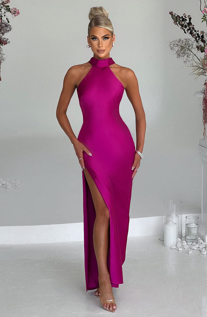 Saten Halter Yaka Yırtmaçlı Uzun Abiye Elbise – Fuşya