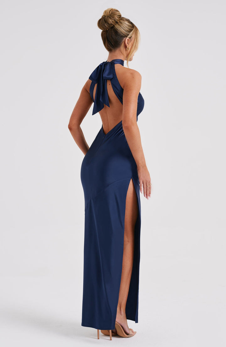 Saten Halter Yaka Yırtmaçlı Uzun Abiye – Lacivert