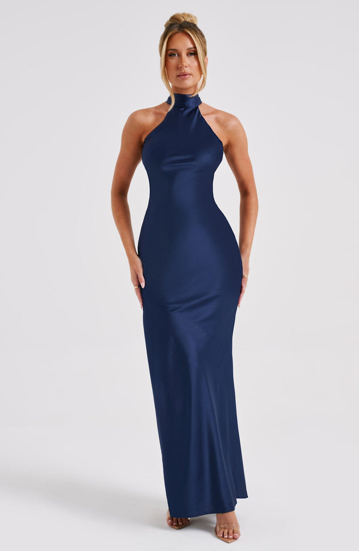 Saten Halter Yaka Yırtmaçlı Uzun Abiye – Lacivert
