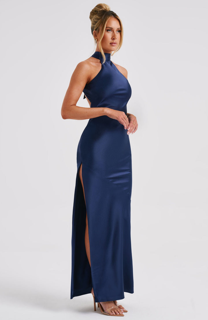 Saten Halter Yaka Yırtmaçlı Uzun Abiye – Lacivert