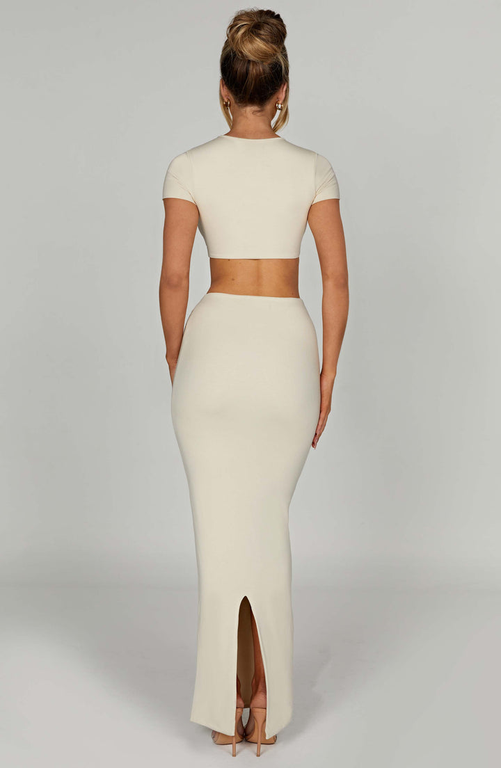 Kısa Kollu Crop Fit Triko Bluz – Ekru