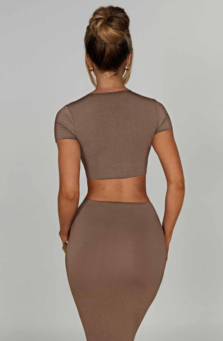 Kısa Kollu Düz Basic Crop Top – Vizon
