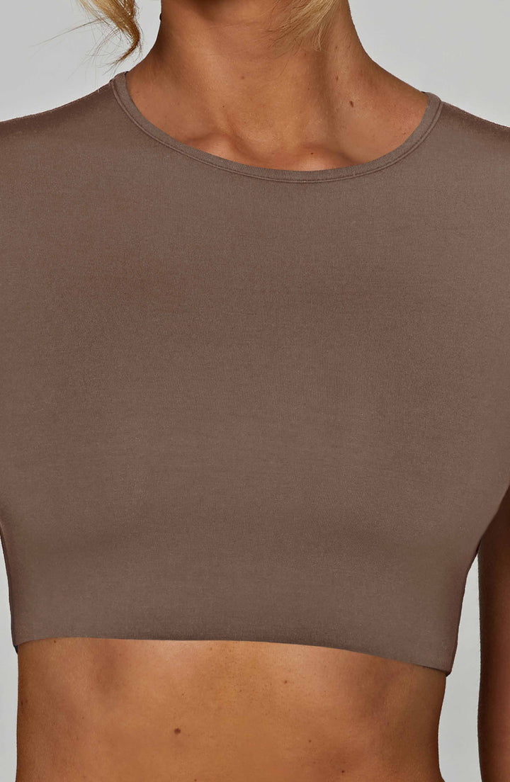 Kısa Kollu Düz Basic Crop Top – Vizon