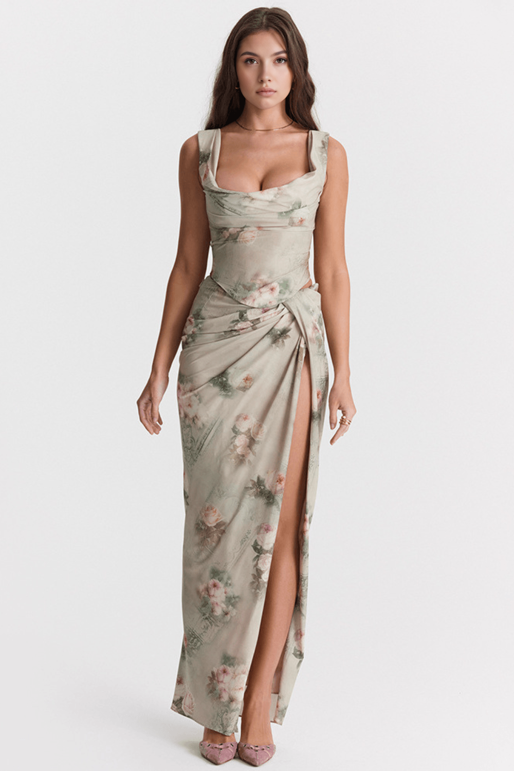 Drapeli Yırtmaçlı Saten Bustier Elbise